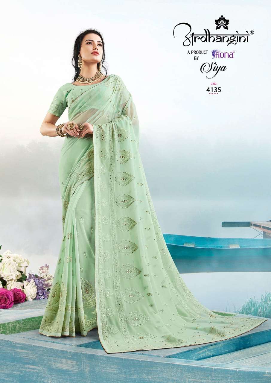 SIYA BY ARDHANGINI 4131 TO 4137 SERIES INDIAN TRADITIONAL WEAR COLLECTION BEAUTIFUL STYLISH FANCY COLORFUL PARTY WEAR & OCCASIONAL WEAR GEORGETTE WITH LUCKNOWI WORK SAREES AT WHOLESALE PRICE