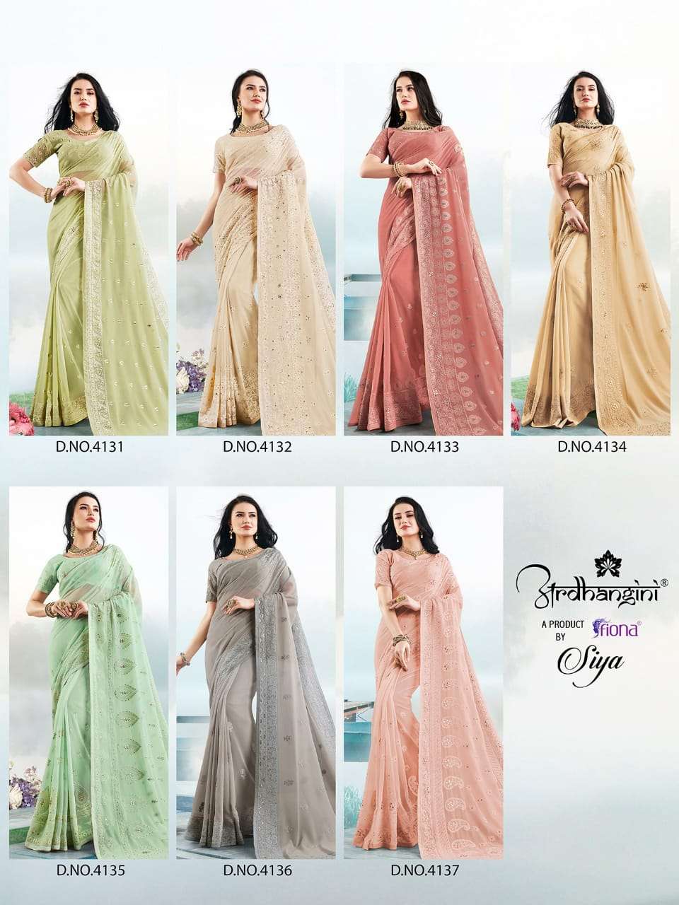 SIYA BY ARDHANGINI 4131 TO 4137 SERIES INDIAN TRADITIONAL WEAR COLLECTION BEAUTIFUL STYLISH FANCY COLORFUL PARTY WEAR & OCCASIONAL WEAR GEORGETTE WITH LUCKNOWI WORK SAREES AT WHOLESALE PRICE