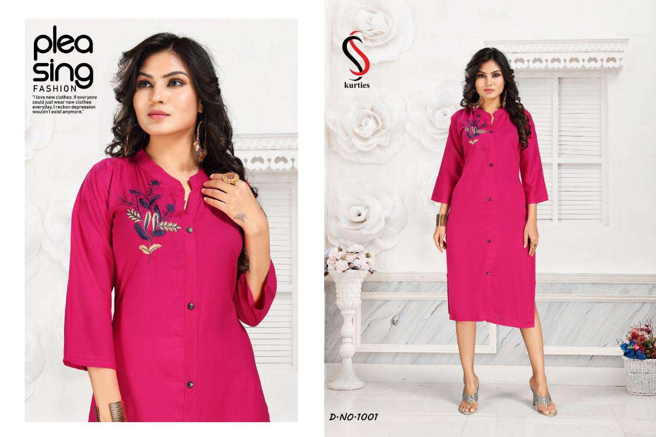 PURVI VOL-4 BY S S KURTIS 1001 TO 1007 SERIES STYLISH FANCY BEAUTIFUL COLORFUL CASUAL WEAR & ETHNIC WEAR RAYON EMBROIDERY KURTIS AT WHOLESALE PRICE