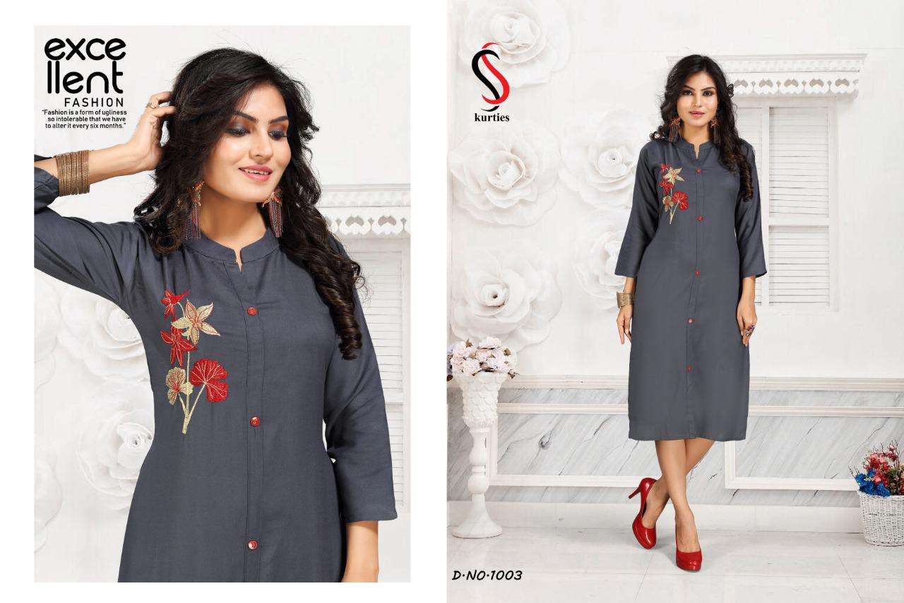 PURVI VOL-4 BY S S KURTIS 1001 TO 1007 SERIES STYLISH FANCY BEAUTIFUL COLORFUL CASUAL WEAR & ETHNIC WEAR RAYON EMBROIDERY KURTIS AT WHOLESALE PRICE