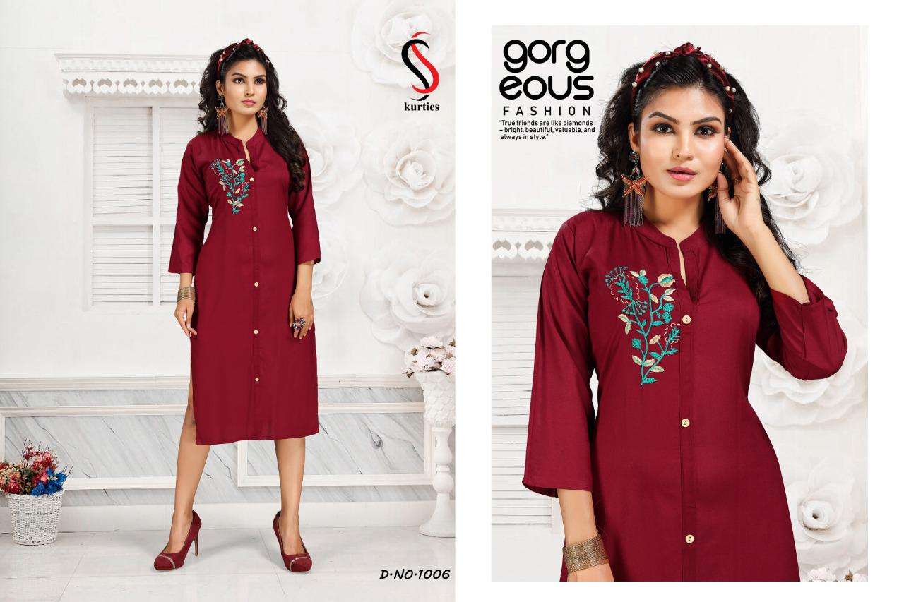 PURVI VOL-4 BY S S KURTIS 1001 TO 1007 SERIES STYLISH FANCY BEAUTIFUL COLORFUL CASUAL WEAR & ETHNIC WEAR RAYON EMBROIDERY KURTIS AT WHOLESALE PRICE