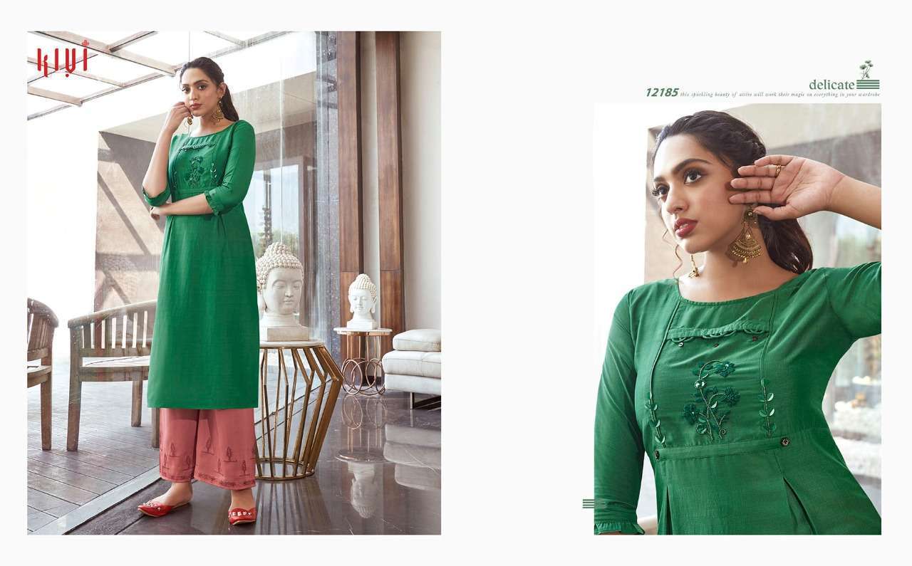 ELANTRA BY KIVI 12183 TO 12188 SERIES STYLISH FANCY BEAUTIFUL COLORFUL CASUAL WEAR & ETHNIC WEAR LINING WITH HANDWRO PRINTED KURTIS AT WHOLESALE PRICE