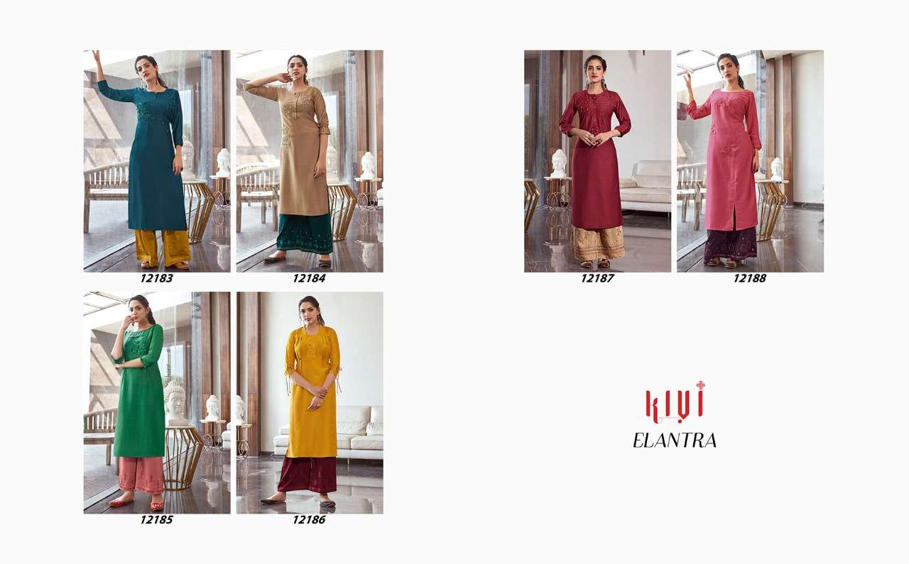 ELANTRA BY KIVI 12183 TO 12188 SERIES STYLISH FANCY BEAUTIFUL COLORFUL CASUAL WEAR & ETHNIC WEAR LINING WITH HANDWRO PRINTED KURTIS AT WHOLESALE PRICE