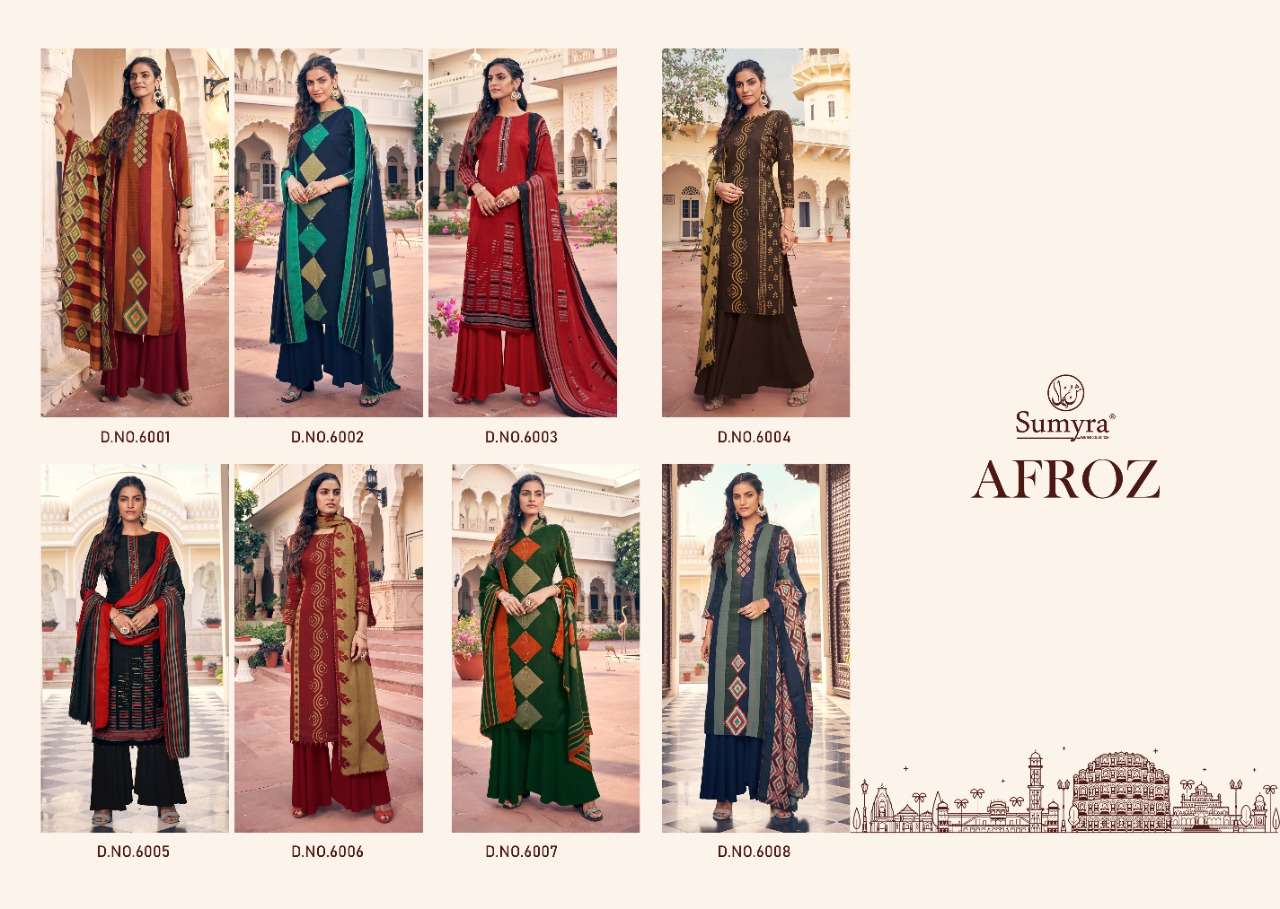 AFROZ BY SUMYRA 6001 TO 6008 SERIES SUITS BEAUTIFUL FANCY COLORFUL STYLISH PARTY WEAR & OCCASIONAL WEAR PURE PASHMINA PRINTED DRESSES AT WHOLESALE PRICE