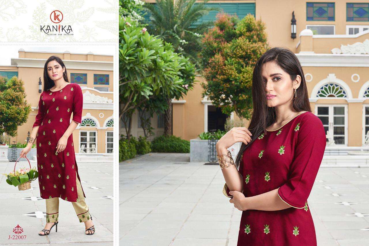 JULITE VOL-2 BY KANIKA 22007 TO 22012 SERIES DESIGNER BEAUTIFUL STYLISH FANCY COLORFUL CASUAL WEAR & ETHNIC WEAR & READY TO WEAR RUBY SLUB WITH EMBROIDERY KURTIS AT WHOLESALE PRICE
