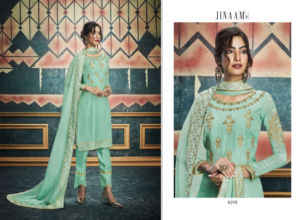 ALISHA BY JINAAM DRESSES 8297 TO 8303 SERIES SUITS BEAUTIFUL FANCY COLORFUL STYLISH PARTY WEAR & OCCASIONAL WEAR DYED RUSSIAN SILK WITH EMBROIDERY  DRESSES AT WHOLESALE PRICE