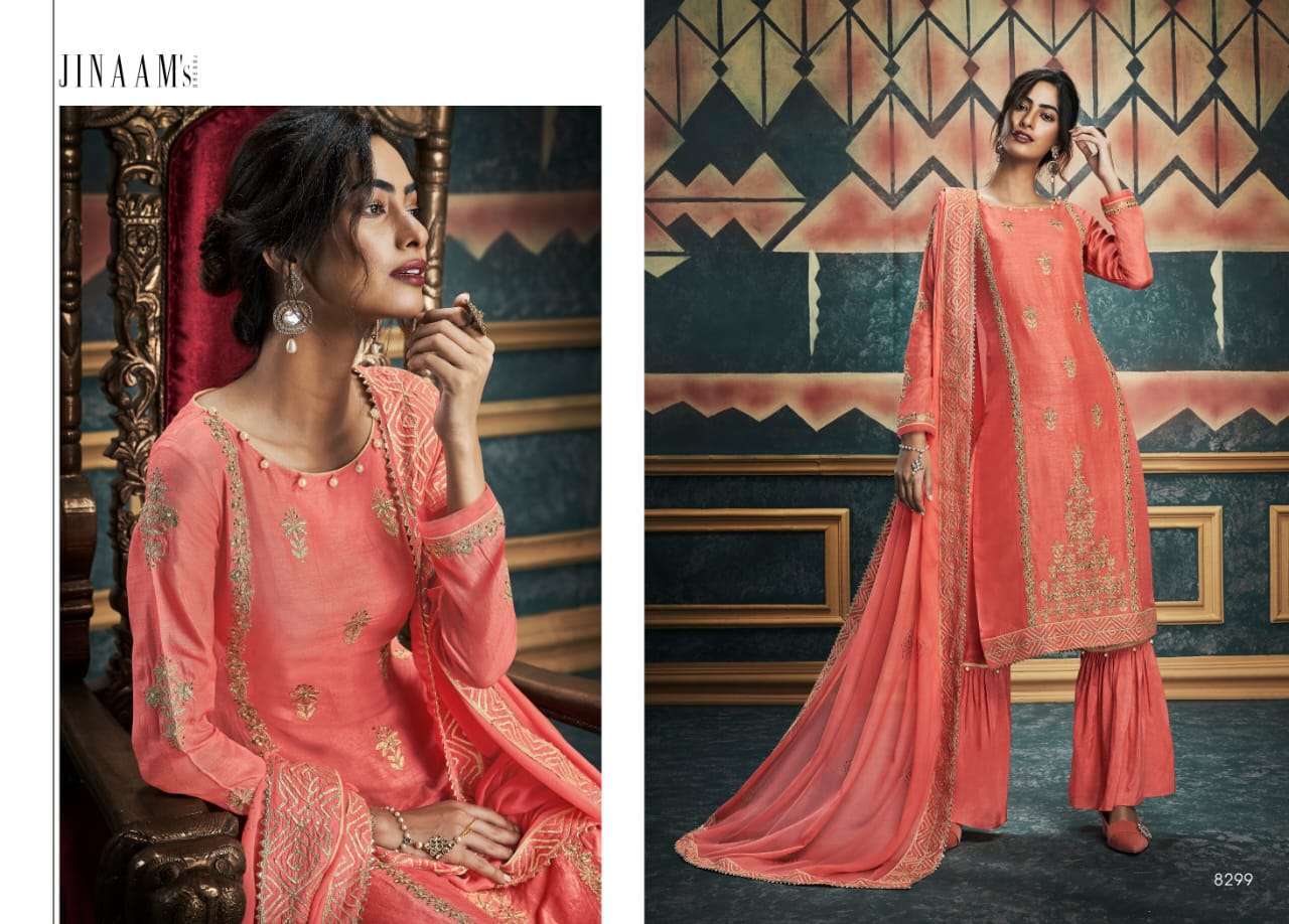 ALISHA BY JINAAM DRESSES 8297 TO 8303 SERIES SUITS BEAUTIFUL FANCY COLORFUL STYLISH PARTY WEAR & OCCASIONAL WEAR DYED RUSSIAN SILK WITH EMBROIDERY  DRESSES AT WHOLESALE PRICE