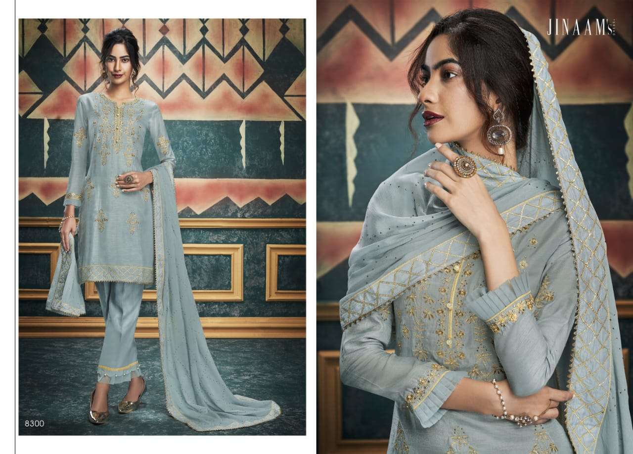 ALISHA BY JINAAM DRESSES 8297 TO 8303 SERIES SUITS BEAUTIFUL FANCY COLORFUL STYLISH PARTY WEAR & OCCASIONAL WEAR DYED RUSSIAN SILK WITH EMBROIDERY  DRESSES AT WHOLESALE PRICE