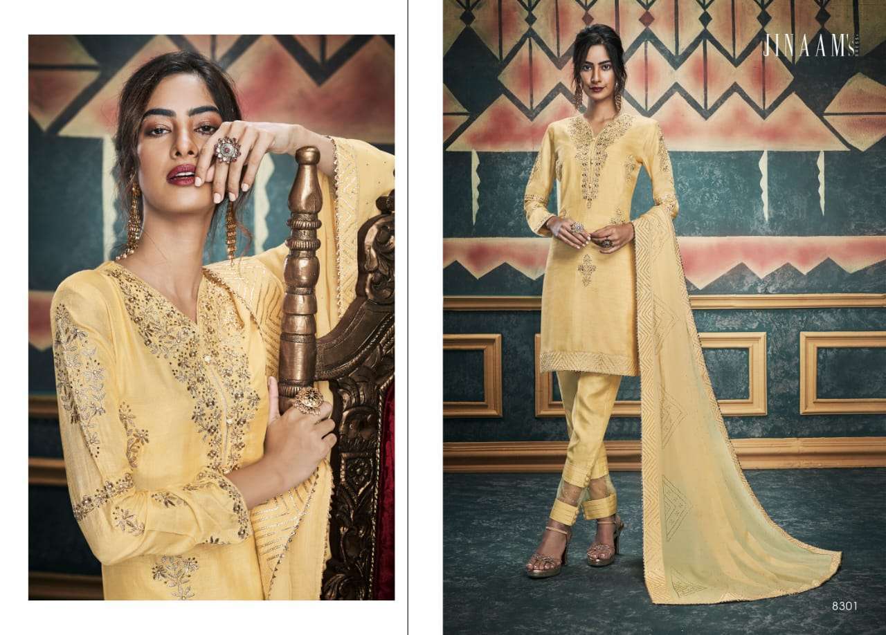 ALISHA BY JINAAM DRESSES 8297 TO 8303 SERIES SUITS BEAUTIFUL FANCY COLORFUL STYLISH PARTY WEAR & OCCASIONAL WEAR DYED RUSSIAN SILK WITH EMBROIDERY  DRESSES AT WHOLESALE PRICE