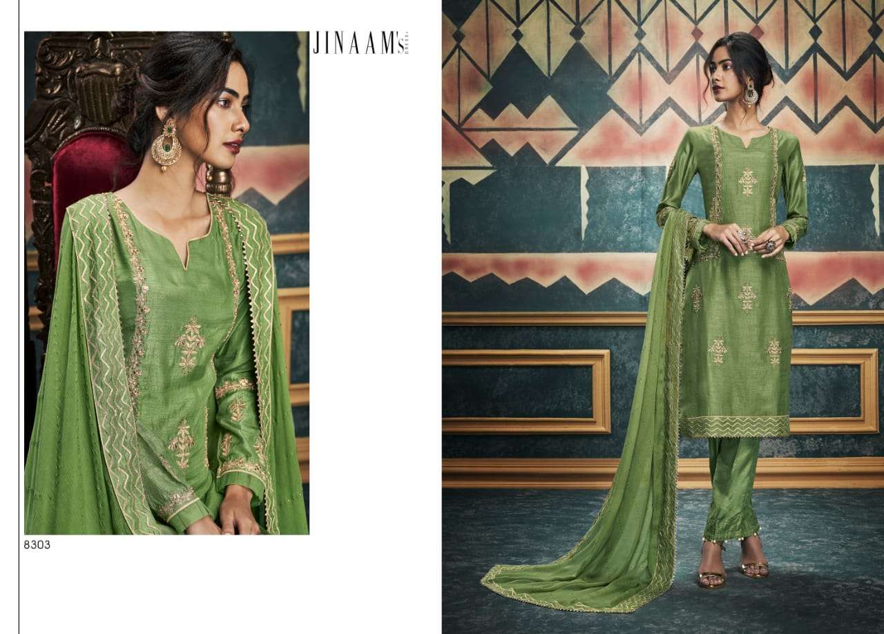 ALISHA BY JINAAM DRESSES 8297 TO 8303 SERIES SUITS BEAUTIFUL FANCY COLORFUL STYLISH PARTY WEAR & OCCASIONAL WEAR DYED RUSSIAN SILK WITH EMBROIDERY  DRESSES AT WHOLESALE PRICE