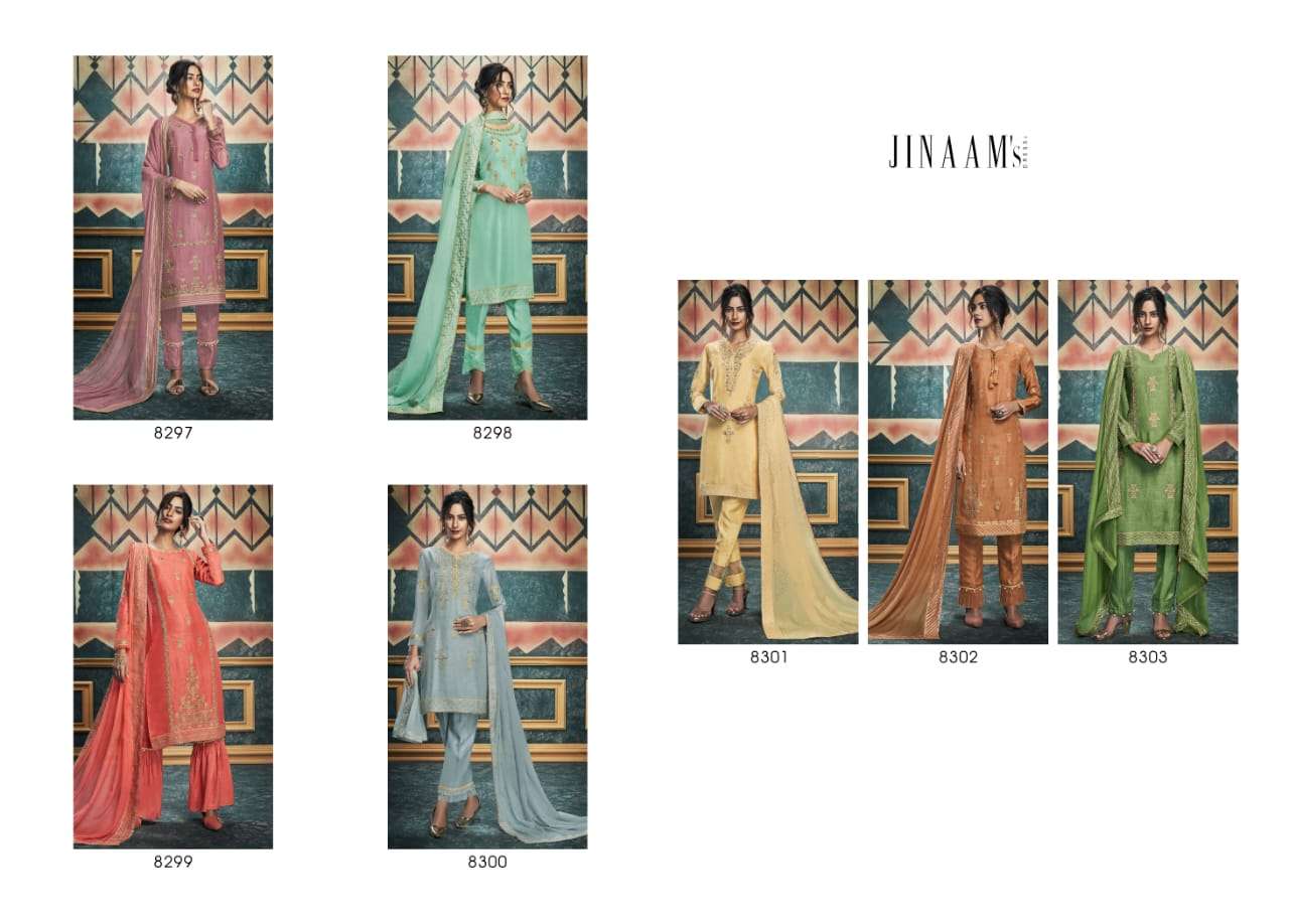 ALISHA BY JINAAM DRESSES 8297 TO 8303 SERIES SUITS BEAUTIFUL FANCY COLORFUL STYLISH PARTY WEAR & OCCASIONAL WEAR DYED RUSSIAN SILK WITH EMBROIDERY  DRESSES AT WHOLESALE PRICE