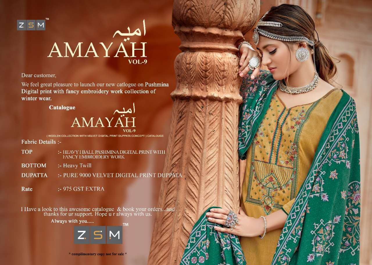 AMAYAH VOL-9 BY ZSM 9001 TO 9008 SERIES SUITS BEAUTIFUL FANCY COLORFUL STYLISH PARTY WEAR & OCCASIONAL WEAR I BALL PASHMINA PRINTED WITH EMBROIDERY DRESSES AT WHOLESALE PRICE