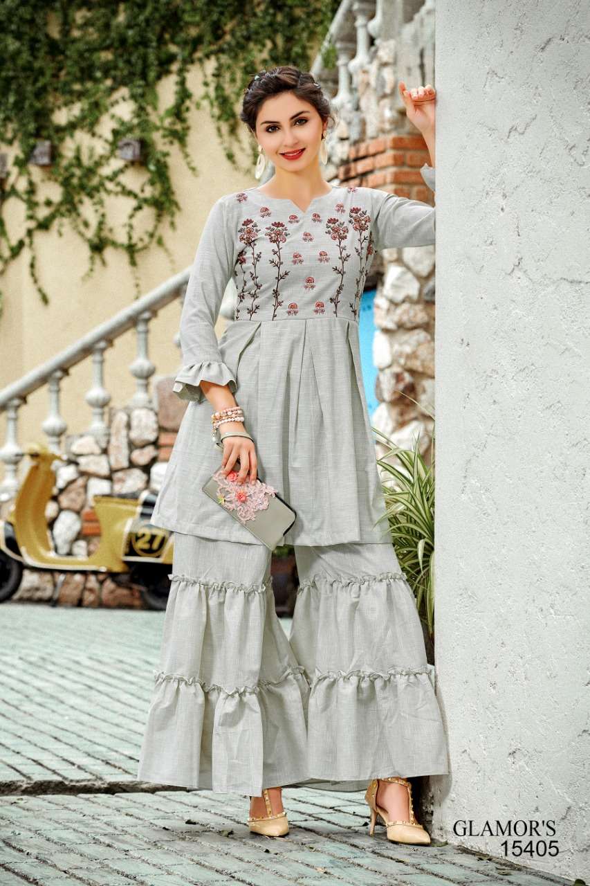 GLAMORS BY SHRI HARSIDDHI STYLE 15401 TO 15405 SERIES BEAUTIFUL STYLISH FANCY COLORFUL CASUAL WEAR & ETHNIC WEAR & READY TO WEAR PURE COTTON LINEN EMBROIDERED KURTIS WITH BOTTOM AT WHOLESALE PRICE