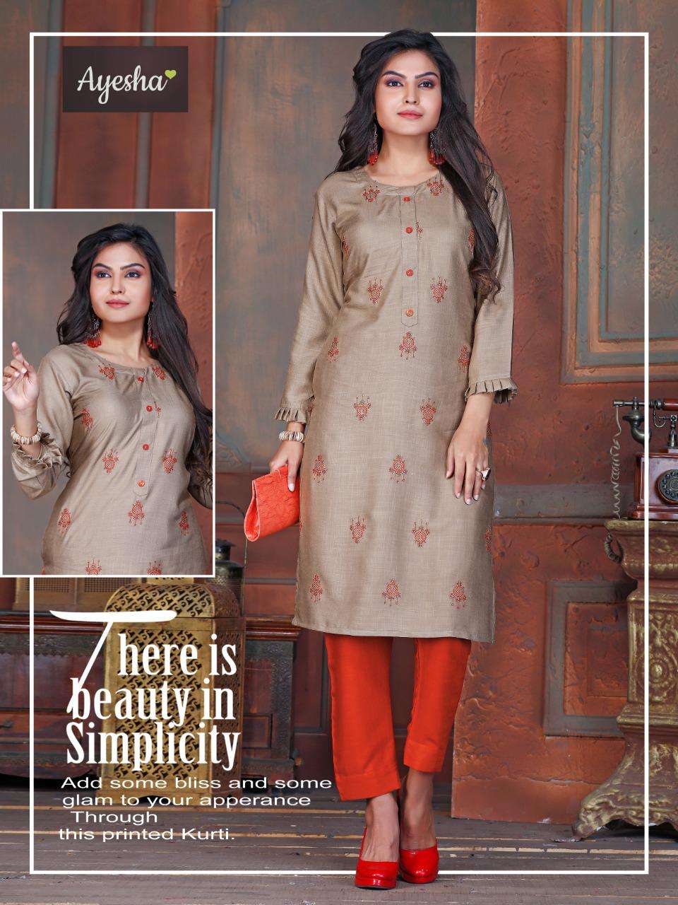 SHAAYRA BY AYESHA 101 TO 108 SERIES BEAUTIFUL STYLISH FANCY COLORFUL CASUAL WEAR & ETHNIC WEAR & READY TO WEAR RAYON EMBROIDERED KURTIS WITH BOTTOM AT WHOLESALE PRICE