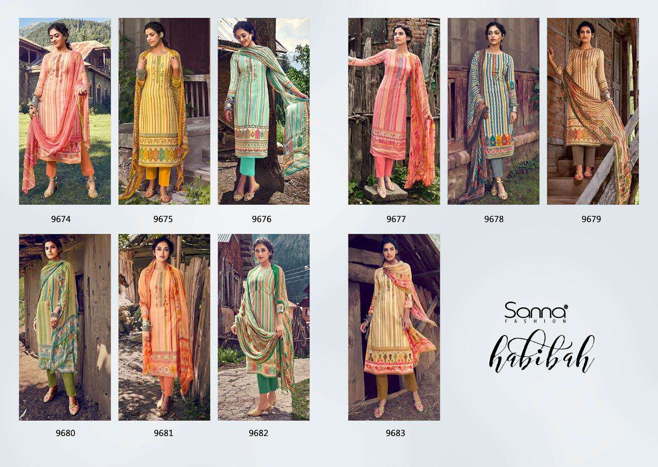 HABIBAH BY SANNA FASHION 9674 TO 9683 SERIES BEAUTIFUL SUITS STYLISH FANCY COLORFUL PARTY WEAR & OCCASIONAL WEAR PURE PASHMINA DIGITAL PRINTED DRESSES AT WHOLESALE PRICE