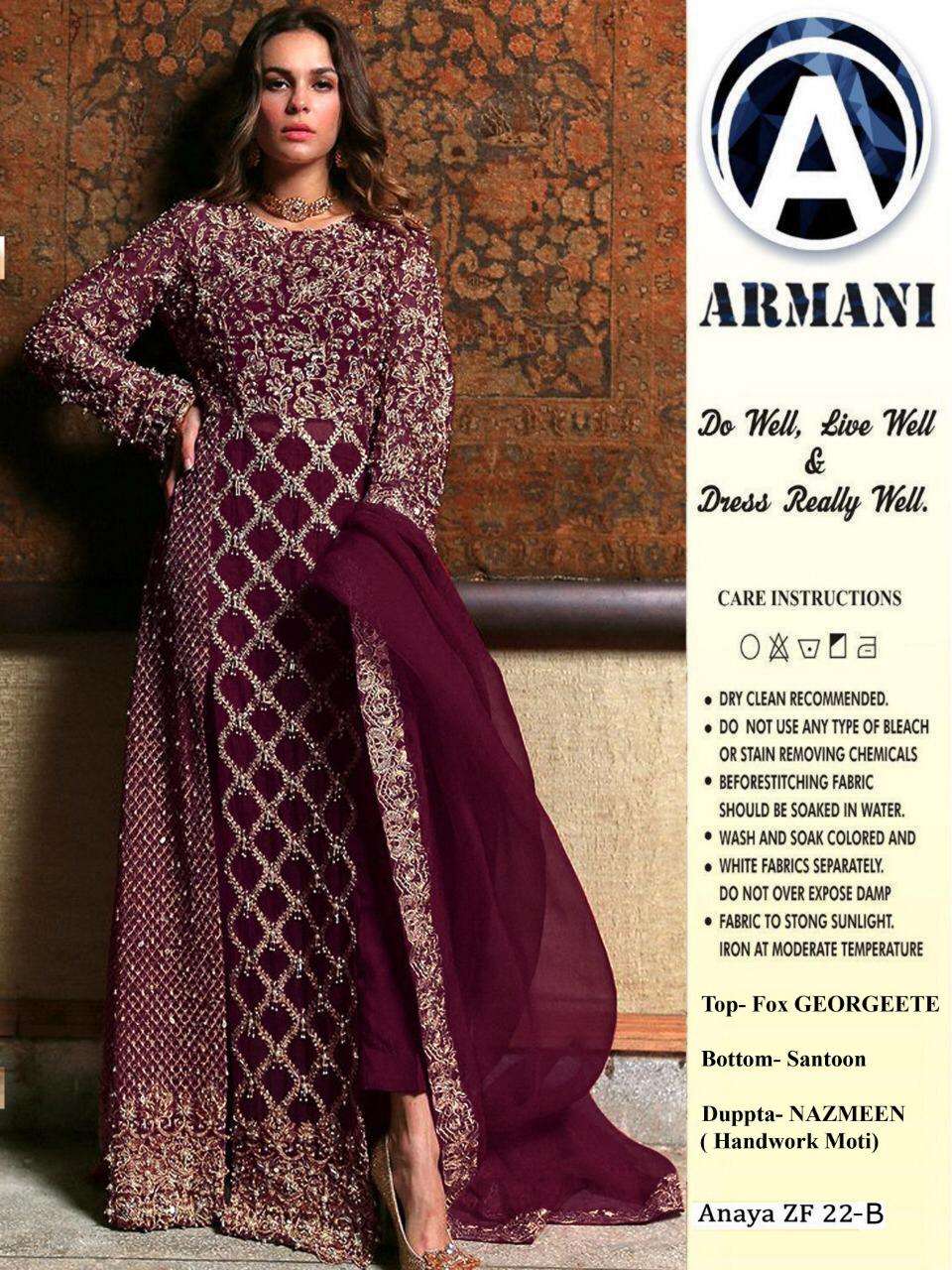 RIMISHA 06 BY ARMANI 22 TO 22-D SERIES Z DESIGNER SUITS BEAUTIFUL FANCY COLORFUL STYLISH PARTY WEAR & OCCASIONAL WEAR FAUX GEORGETTE HEAVY EMBROIDERED DRESSES AT WHOLESALE PRICE