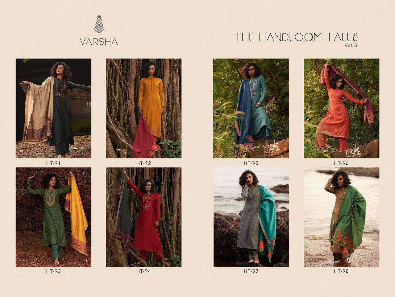 THE HANDLOOM TALES VOL-6 BY VARSHA FASHIONS 91 TO 98 SERIES BEAUTIFUL STYLISH COLORFUL FANCY PARTY WEAR & ETHNIC WEAR PASHMIAN TEXTURE PRINT WITH EMBROIDERY DRESSES AT WHOLESALE PRICE