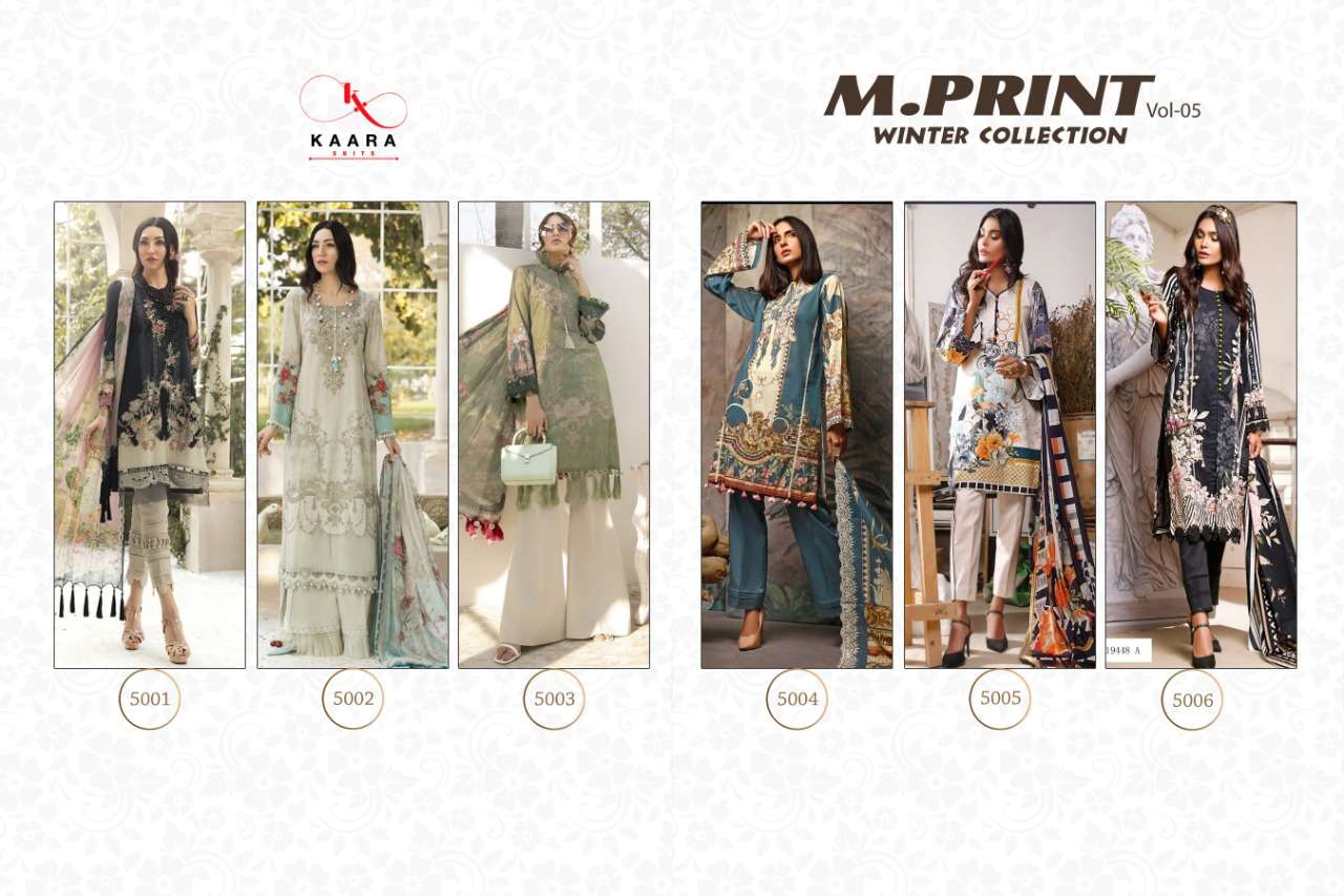 M.PRINT VOL-5 BY KAARA SUITS 5001 TO 5006 SERIES BEAUTIFUL SUITS STYLISH FANCY COLORFUL PARTY WEAR & OCCASIONAL WEAR PASHMINA DIGITAL PRINTED DRESSES AT WHOLESALE PRICE