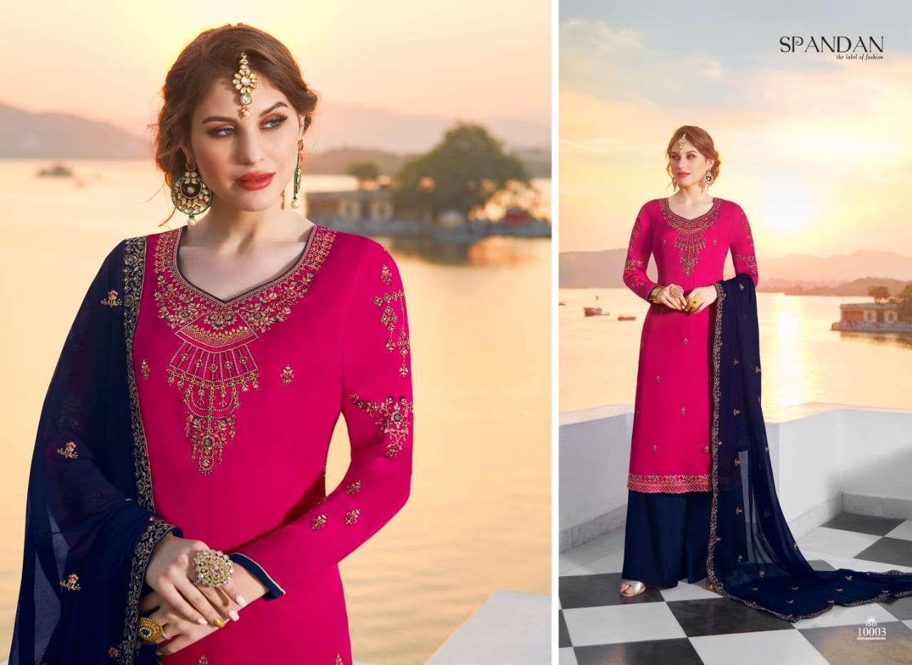 SPANDAN BY SHIVANG INTERNATIONAL 1001 TO 1006 SERIES BEAUTIFUL SUITS STYLISH FANCY COLORFUL PARTY WEAR & OCCASIONAL WEAR HEAVY SATIN GEORGETTE WITH EMBROIDERED DRESSES AT WHOLESALE PRICE