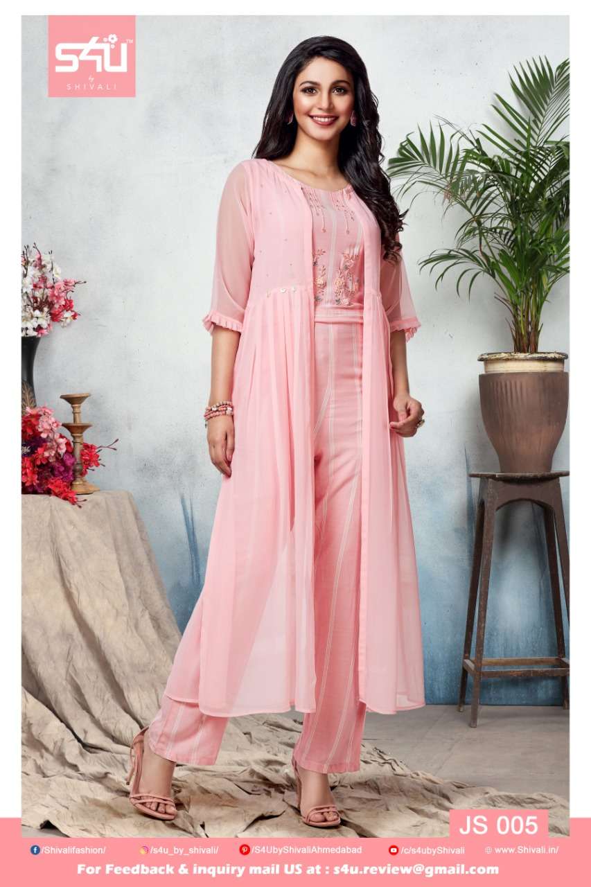 HELLO JACKET 001 SERIES BY S4U FASHION 001 TO 005 SERIES STYLISH FANCY BEAUTIFUL COLORFUL CASUAL WEAR & ETHNIC WEAR RAYON PRINTED KURTIS AT WHOLESALE PRICE