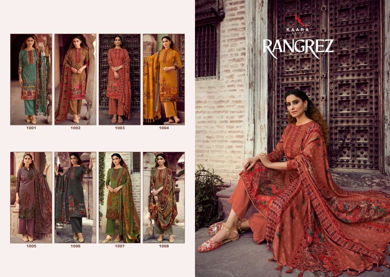 RANGREZ BY KAARA SUITS 1001 TO 1008 SERIES BEAUTIFUL STYLISH SUITS FANCY COLORFUL CASUAL WEAR & ETHNIC WEAR & READY TO WEAR PASHMINA PRINTED WITH EMBROIDERY DRESSES AT WHOLESALE PRICE