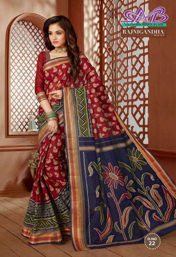 RAJNIGANDHA BY A.B FASHION 9 TO 23 SERIES INDIAN TRADITIONAL WEAR COLLECTION BEAUTIFUL STYLISH FANCY COLORFUL PARTY WEAR & OCCASIONAL WEAR COTTON SAREES AT WHOLESALE PRICE