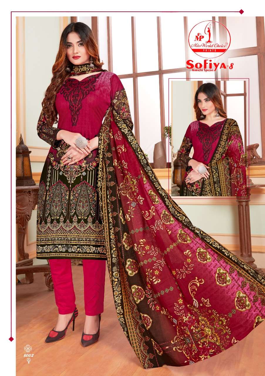 SOFIYA VOL-8 BY MISS WORLD CHOICE 8001 TO 8010 SERIES BEAUTIFUL SUITS STYLISH FANCY COLORFUL CASUAL WEAR & ETHNIC WEAR COTTON PRINTED DRESSES AT WHOLESALE PRICE