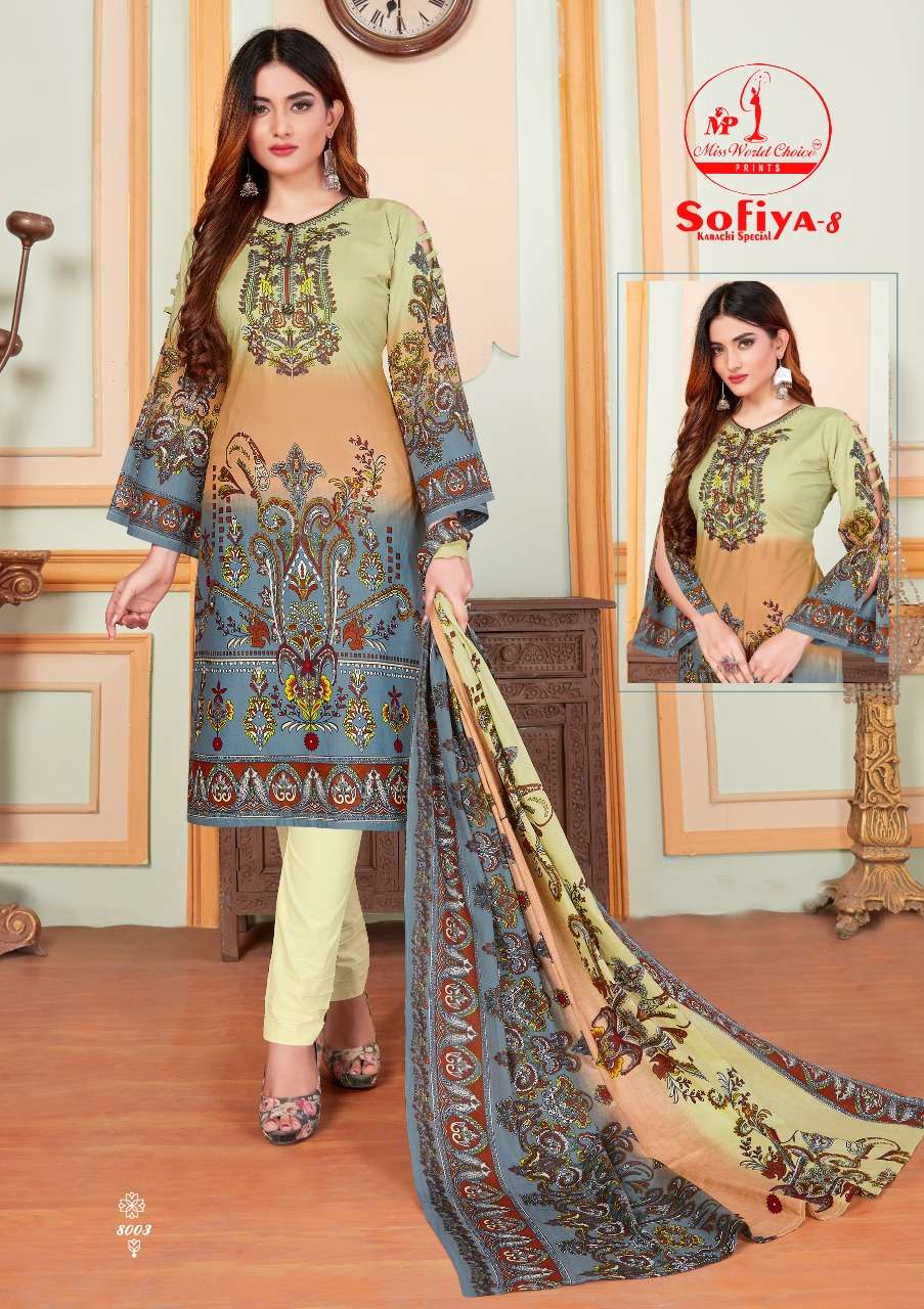SOFIYA VOL-8 BY MISS WORLD CHOICE 8001 TO 8010 SERIES BEAUTIFUL SUITS STYLISH FANCY COLORFUL CASUAL WEAR & ETHNIC WEAR COTTON PRINTED DRESSES AT WHOLESALE PRICE