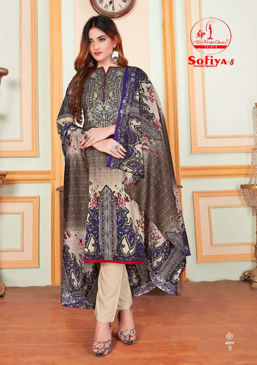 SOFIYA VOL-8 BY MISS WORLD CHOICE 8001 TO 8010 SERIES BEAUTIFUL SUITS STYLISH FANCY COLORFUL CASUAL WEAR & ETHNIC WEAR COTTON PRINTED DRESSES AT WHOLESALE PRICE