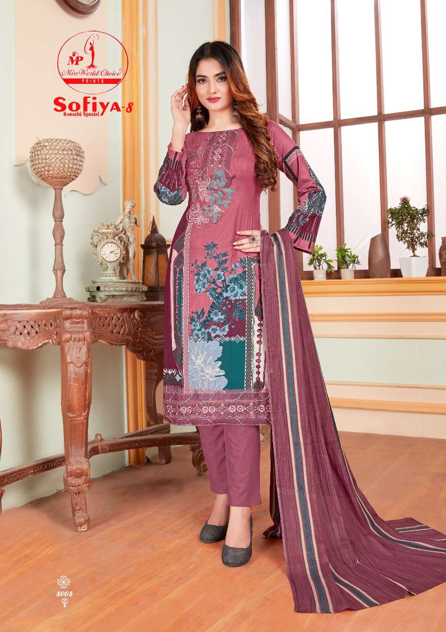 SOFIYA VOL-8 BY MISS WORLD CHOICE 8001 TO 8010 SERIES BEAUTIFUL SUITS STYLISH FANCY COLORFUL CASUAL WEAR & ETHNIC WEAR COTTON PRINTED DRESSES AT WHOLESALE PRICE