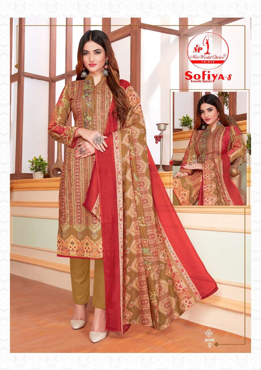 SOFIYA VOL-8 BY MISS WORLD CHOICE 8001 TO 8010 SERIES BEAUTIFUL SUITS STYLISH FANCY COLORFUL CASUAL WEAR & ETHNIC WEAR COTTON PRINTED DRESSES AT WHOLESALE PRICE