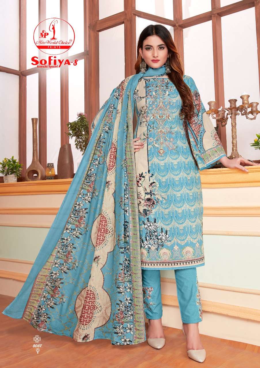 SOFIYA VOL-8 BY MISS WORLD CHOICE 8001 TO 8010 SERIES BEAUTIFUL SUITS STYLISH FANCY COLORFUL CASUAL WEAR & ETHNIC WEAR COTTON PRINTED DRESSES AT WHOLESALE PRICE