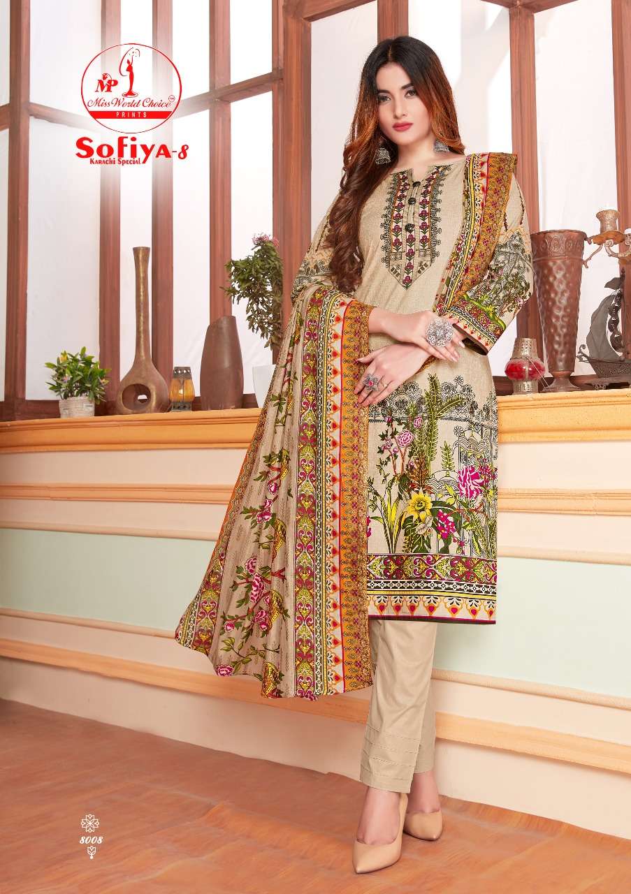 SOFIYA VOL-8 BY MISS WORLD CHOICE 8001 TO 8010 SERIES BEAUTIFUL SUITS STYLISH FANCY COLORFUL CASUAL WEAR & ETHNIC WEAR COTTON PRINTED DRESSES AT WHOLESALE PRICE