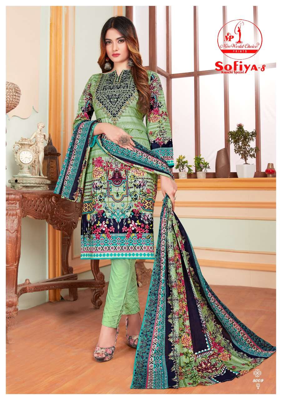SOFIYA VOL-8 BY MISS WORLD CHOICE 8001 TO 8010 SERIES BEAUTIFUL SUITS STYLISH FANCY COLORFUL CASUAL WEAR & ETHNIC WEAR COTTON PRINTED DRESSES AT WHOLESALE PRICE