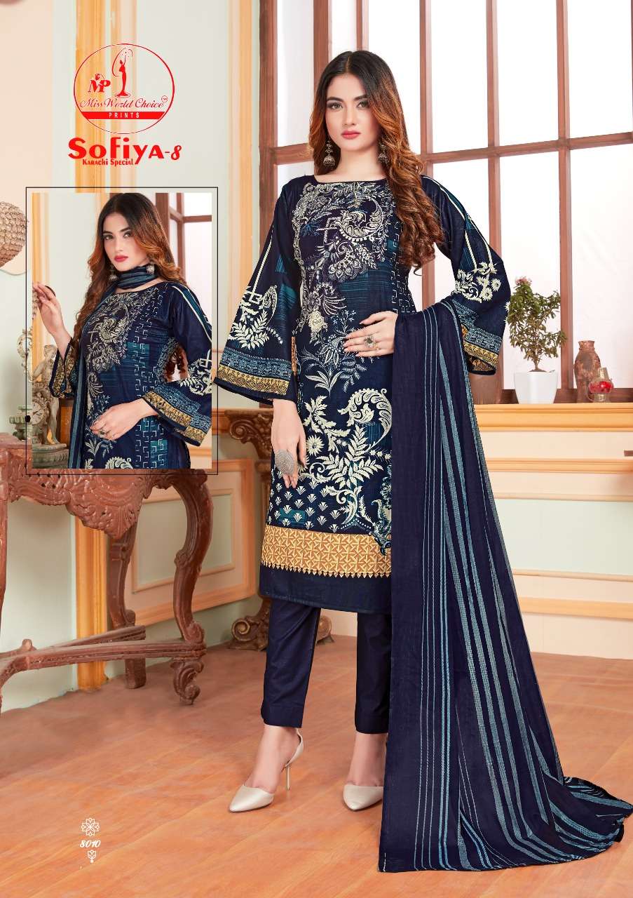 SOFIYA VOL-8 BY MISS WORLD CHOICE 8001 TO 8010 SERIES BEAUTIFUL SUITS STYLISH FANCY COLORFUL CASUAL WEAR & ETHNIC WEAR COTTON PRINTED DRESSES AT WHOLESALE PRICE