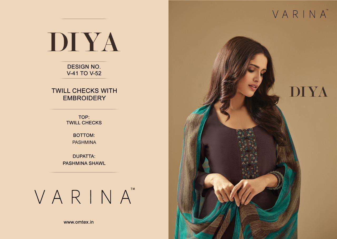 DIYA BY VARINA 41 TO 52 SERIES BEAUTIFUL SUITS STYLISH FANCY COLORFUL CASUAL WEAR & ETHNIC WEAR TWILL CHEK WITH EMBROIDERY DRESSES AT WHOLESALE PRICE