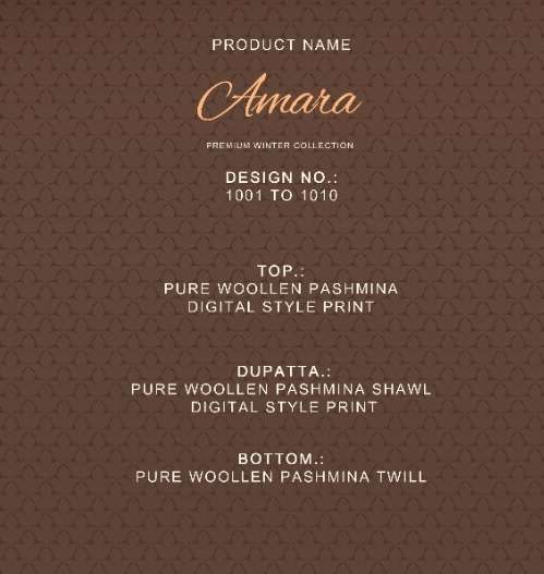 AMARA BY RITU INTERNATIONAL 1001 TO 1010 SERIES DESIGNER SUITS COLLECTION BEAUTIFUL STYLISH COLORFUL FANCY PARTY WEAR & OCCASIONAL WEAR WOLLEN PASHMINA DOBBY DIGITAL PRINTED DRESSES AT WHOLESALE PRICE