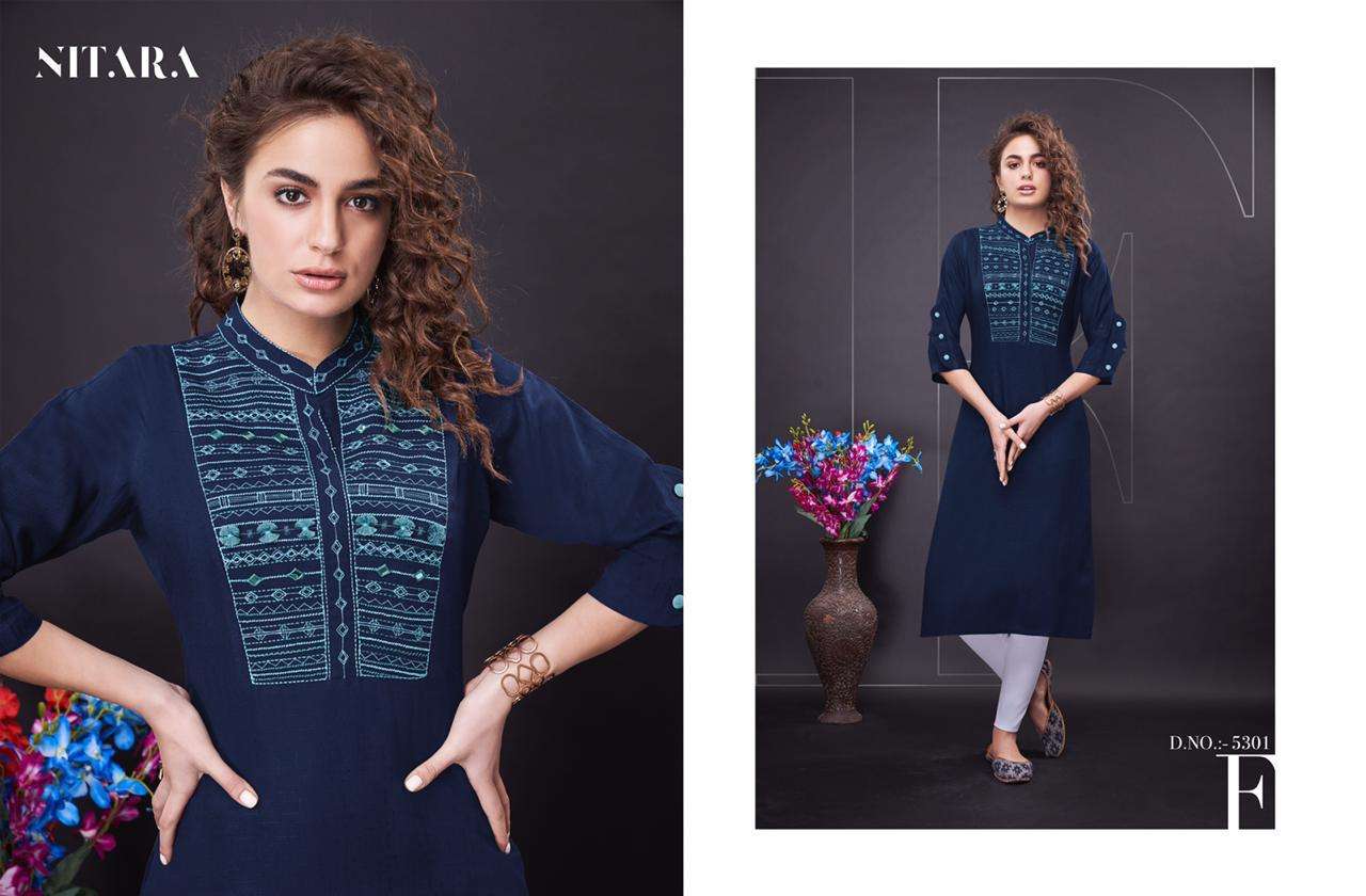 NORA BY NITARA 5301 TO 5306 SERIES BEAUTIFUL STYLISH FANCY COLORFUL CASUAL WEAR & ETHNIC WEAR & READY TO WEAR FANCY WITH HANDWORK KURTIS AT WHOLESALE PRICE