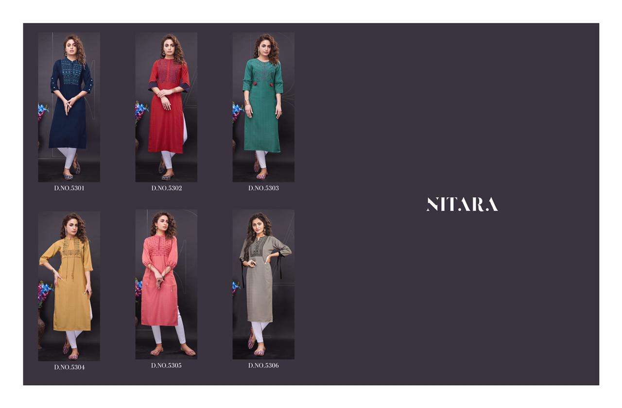 NORA BY NITARA 5301 TO 5306 SERIES BEAUTIFUL STYLISH FANCY COLORFUL CASUAL WEAR & ETHNIC WEAR & READY TO WEAR FANCY WITH HANDWORK KURTIS AT WHOLESALE PRICE