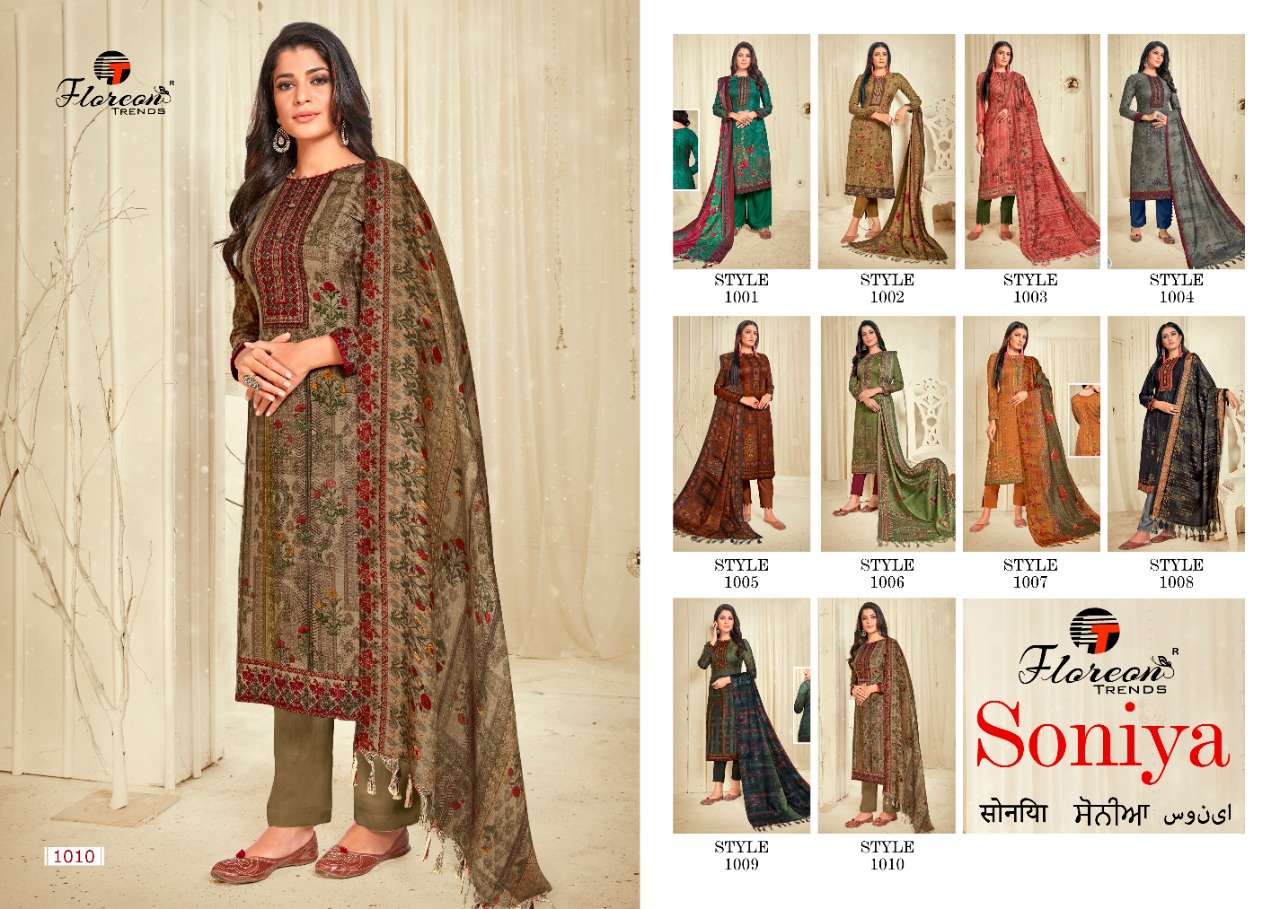 SONIYA BY FLOREON TRENDS 1001 TO 1010 SERIES BEAUTIFUL SUITS STYLISH FANCY COLORFUL PARTY WEAR & OCCASIONAL WEAR PURE DOBBY PASHMINA DIGITAL PRINTED DRESSES AT WHOLESALE PRICE