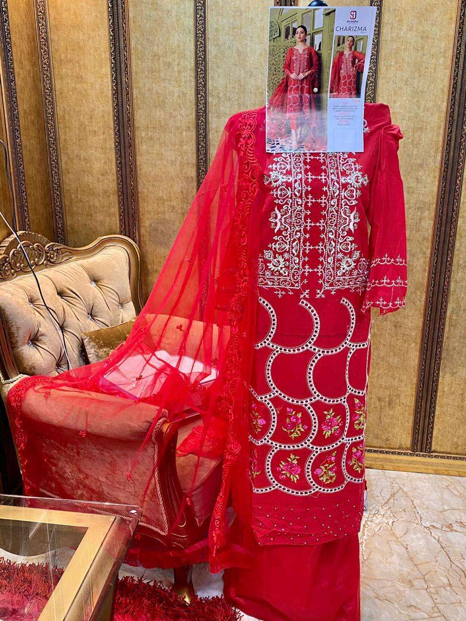 CHARIZMA VOL-3 BY SHRADDHA DESIGNER 7301 TO 7304 SERIES BEAUTIFUL WINTER COLLECTION SUITS STYLISH FANCY COLORFUL CASUAL WEAR & ETHNIC WEAR PURE CAMBRIC COTTON WITH EMBROIDERY DRESSES AT WHOLESALE PRICE