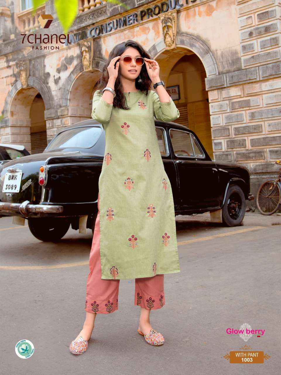 GLOW BERRY BY 7 CHANEL 1001 TO 1004 SERIES STYLISH FANCY BEAUTIFUL COLORFUL CASUAL WEAR & ETHNIC WEAR PURE COTTON PRINTED KURTIS WITH BOTTOM AT WHOLESALE PRICE