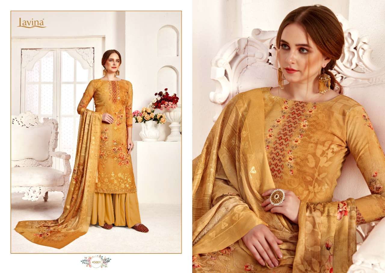 LAVINA VOL-45 BY LAVINA 45001 TO 45006 SERIES DESIGNER SUITS COLLECTION BEAUTIFUL STYLISH FANCY COLORFUL PARTY WEAR & ETHNIC WEAR GEORGETTE DIGITAL PRINT EMBROIDERED DRESSES AT WHOLESALE PRICE