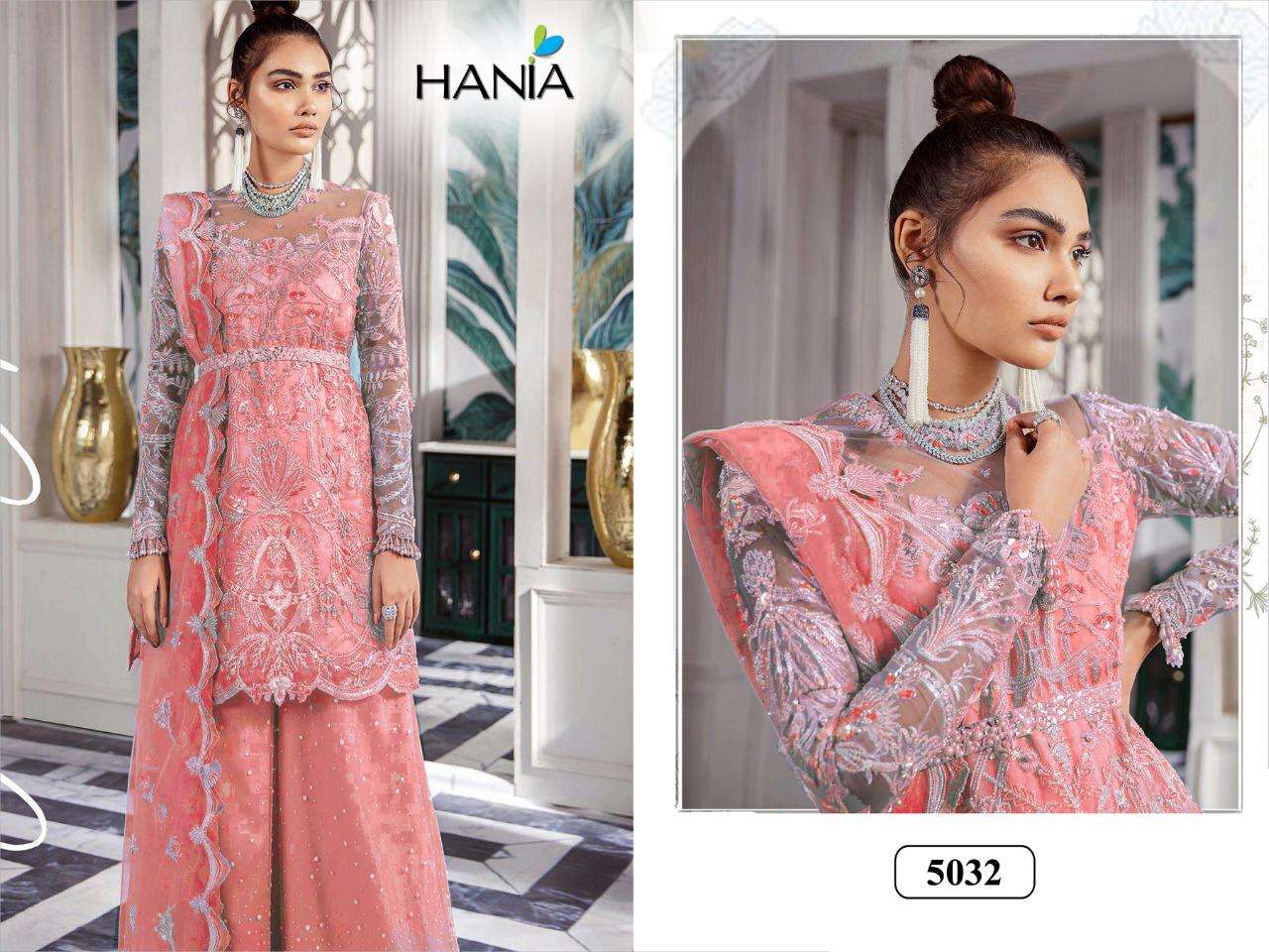 HANIA 5032 COLOURS BY HANIA 5032 TO 5032-A SERIES BEAUTIFUL SUITS STYLISH FANCY COLORFUL PARTY WEAR & OCCASIONAL WEAR HEAVY BUTTERFLY NET WITH HEAVY WORK DRESSES AT WHOLESALE PRICE