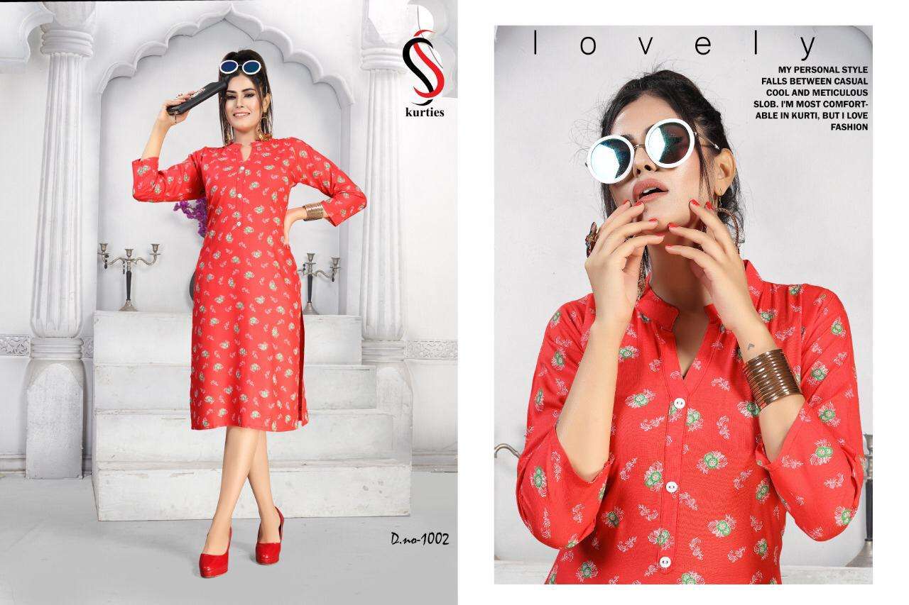 KAREENA VOL-5 BY S S KURTIS 1001 TO 1008 SERIES BEAUTIFUL STYLISH FANCY COLORFUL CASUAL WEAR & ETHNIC WEAR RAYON PRINT KURTIS AT WHOLESALE PRICE