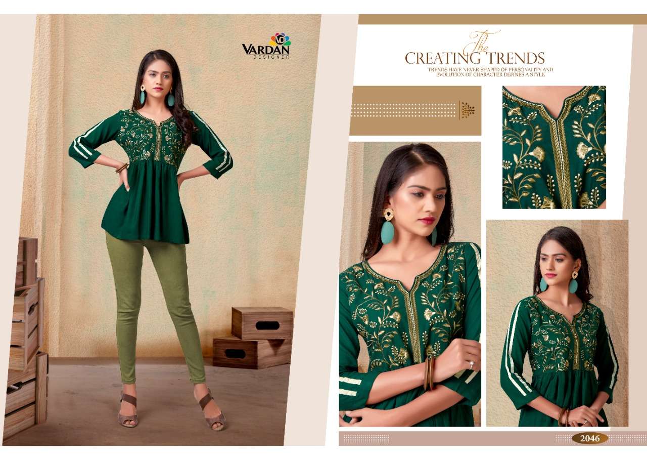 Nora Vol-1 By Vardan Designer 2041 To 2046 Series Beautiful Stylish Fancy Colorful Casual Wear & Ethnic Wear Heavy Rayon Tops At Wholesale Price