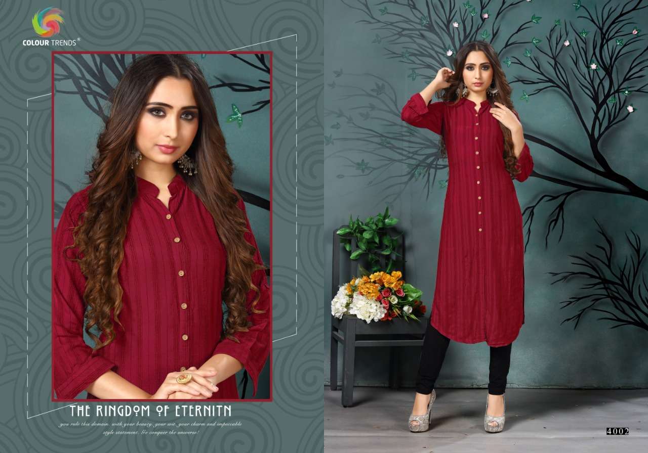 HASHTAG VOL-4 BY COLOUR TRENDS 4001 TO 4006 SERIES STYLISH FANCY BEAUTIFUL COLORFUL CASUAL WEAR & ETHNIC WEAR VELVET DOBBY LINING KURTIS AT WHOLESALE PRICE