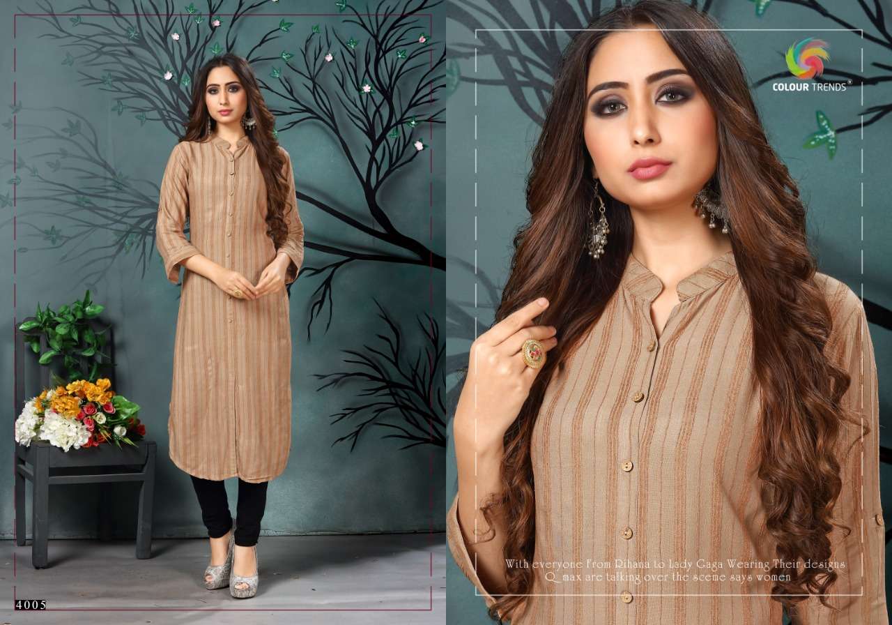 HASHTAG VOL-4 BY COLOUR TRENDS 4001 TO 4006 SERIES STYLISH FANCY BEAUTIFUL COLORFUL CASUAL WEAR & ETHNIC WEAR VELVET DOBBY LINING KURTIS AT WHOLESALE PRICE