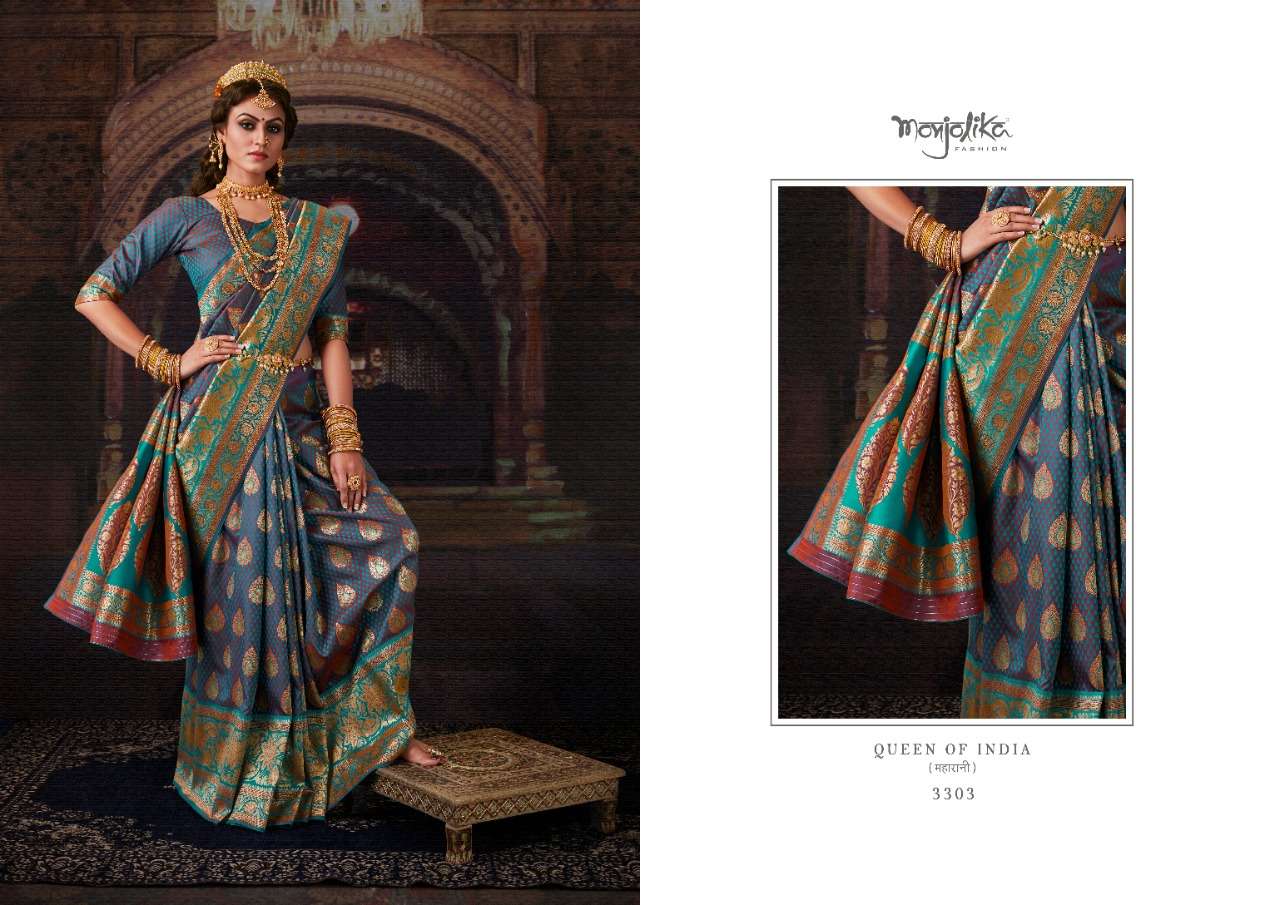 MAHARANI SILK BY MONJOLIKA 3301 TO 3305 SERIES INDIAN TRADITIONAL WEAR COLLECTION BEAUTIFUL STYLISH FANCY COLORFUL PARTY WEAR & OCCASIONAL WEAR BANARASI SILK SAREES AT WHOLESALE PRICE