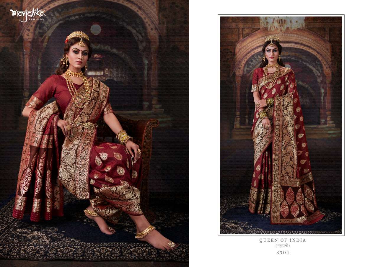 MAHARANI SILK BY MONJOLIKA 3301 TO 3305 SERIES INDIAN TRADITIONAL WEAR COLLECTION BEAUTIFUL STYLISH FANCY COLORFUL PARTY WEAR & OCCASIONAL WEAR BANARASI SILK SAREES AT WHOLESALE PRICE